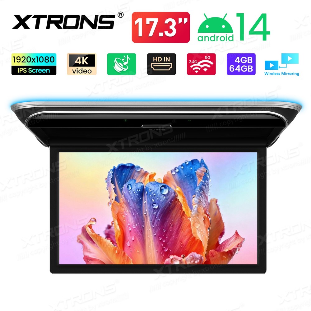 17.3" Car Ceiling Mount TV Android 14 Flip Down Screen 4K Octa Core HDMI WiFi