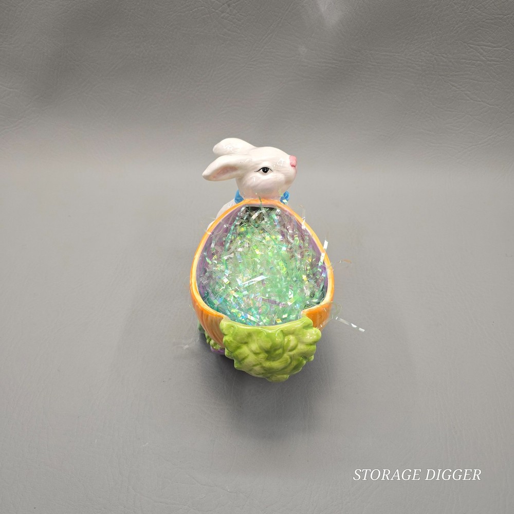 Vintage Decorative Ceramic Easter White Bunny with Carrot Candy Dish 5" Tall