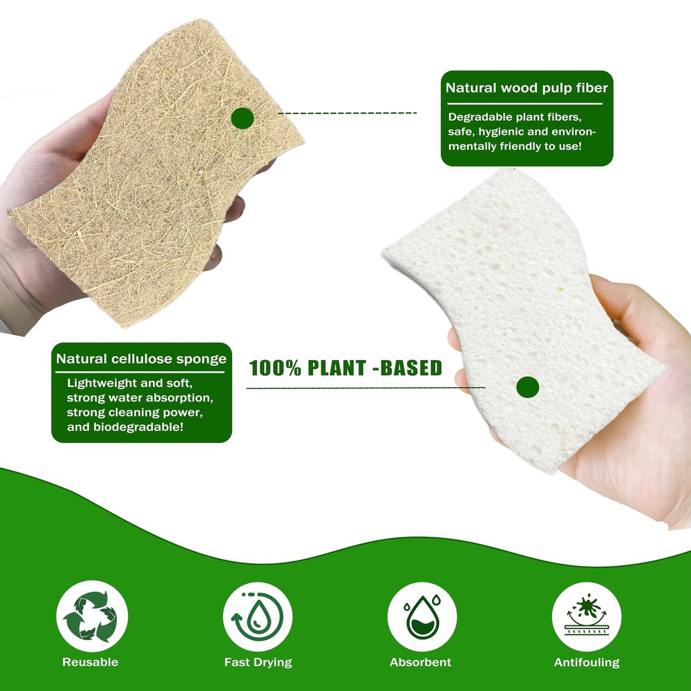 Eco Friendly Biodegradable Kitchen Sponges 12 Pack – Natural Compostable Cell...