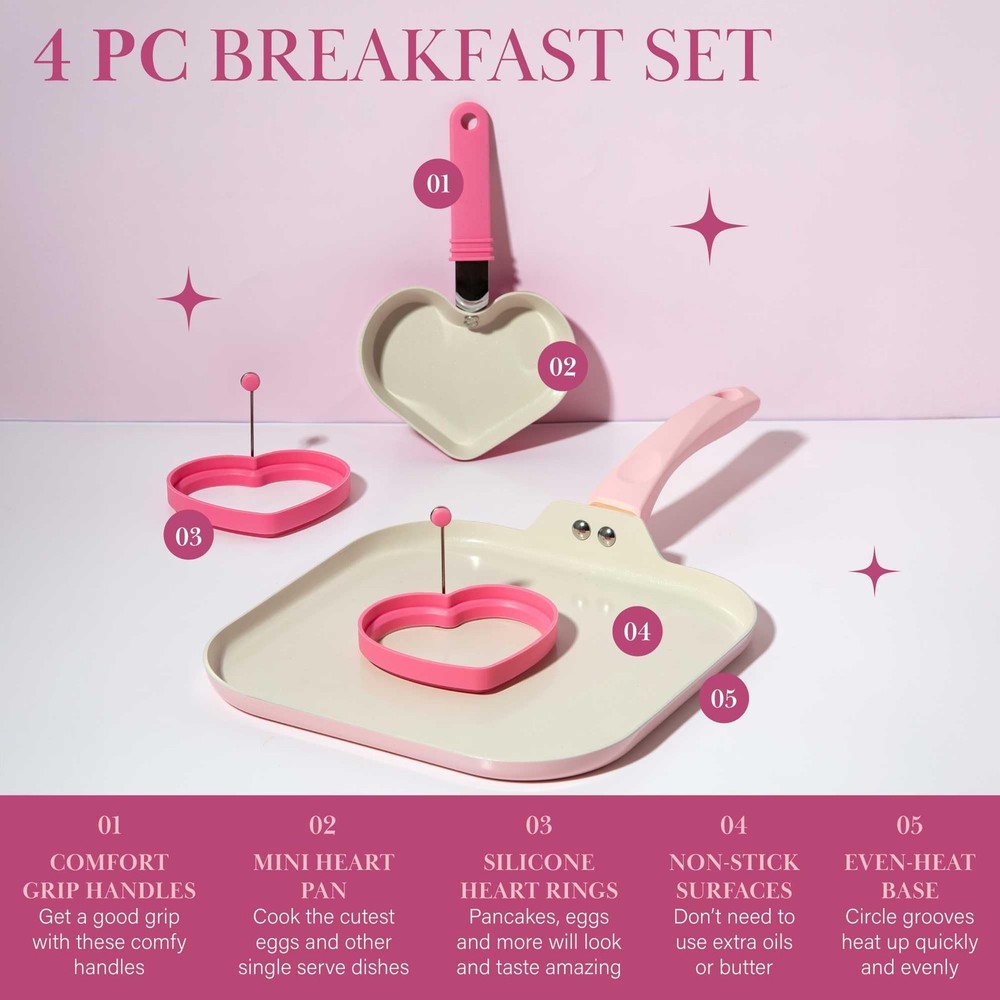 Paris Hilton Breakfast Ceramic Nonstick Cookware Set, Includes Square Griddle...