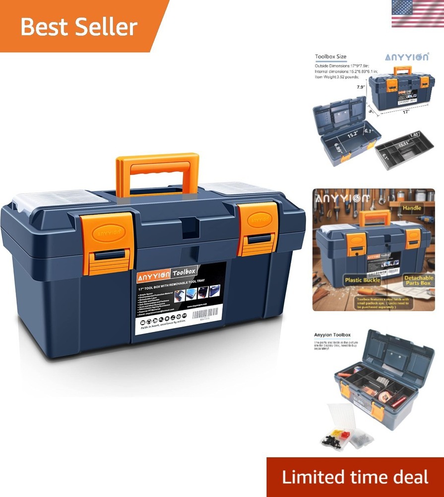 Ample Storage 16.5-Inch Tool Box with Detachable Tray for Organized Tools