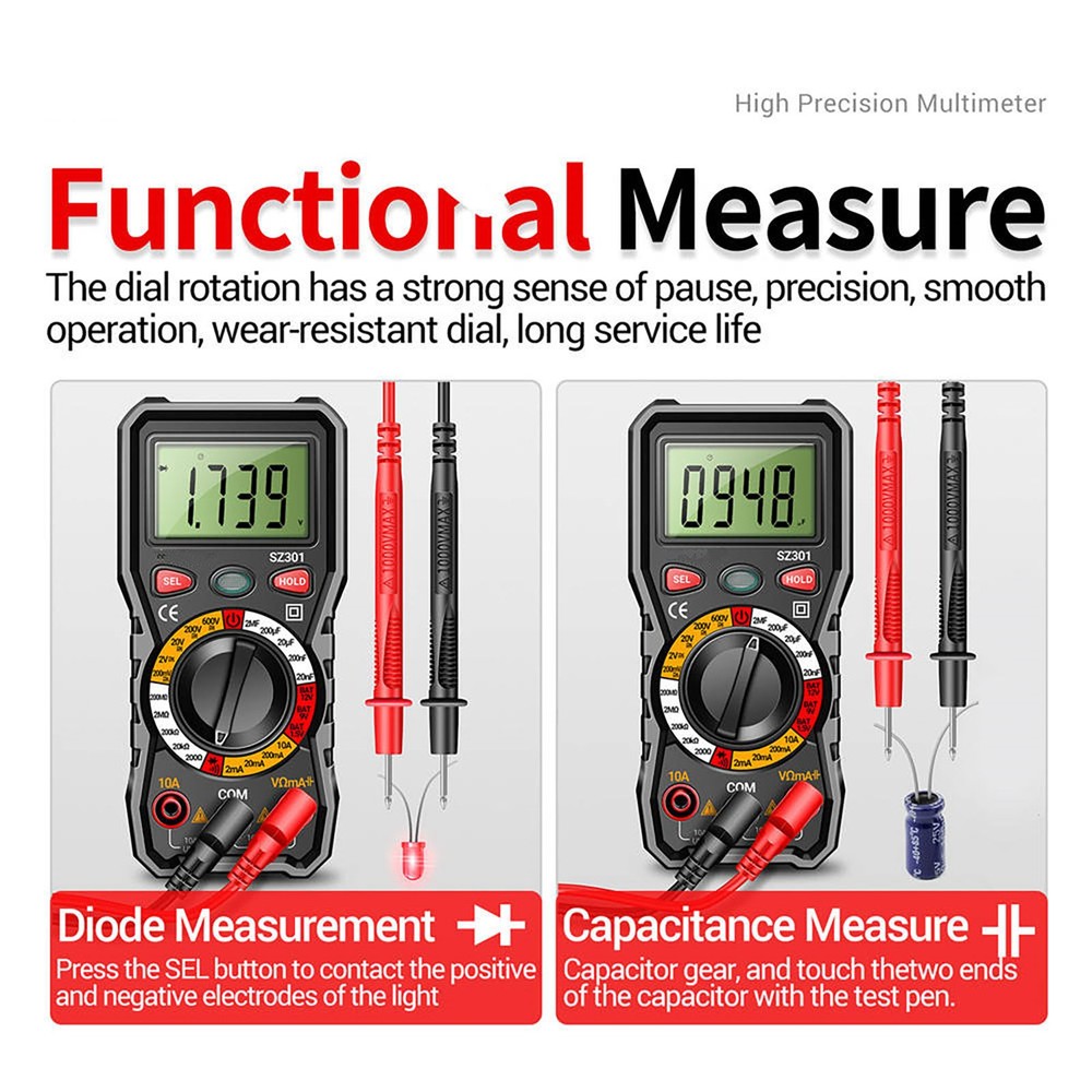 Versatile Digital Multimeter w Test Leads Measures Volt Amp Ohm Capacitance