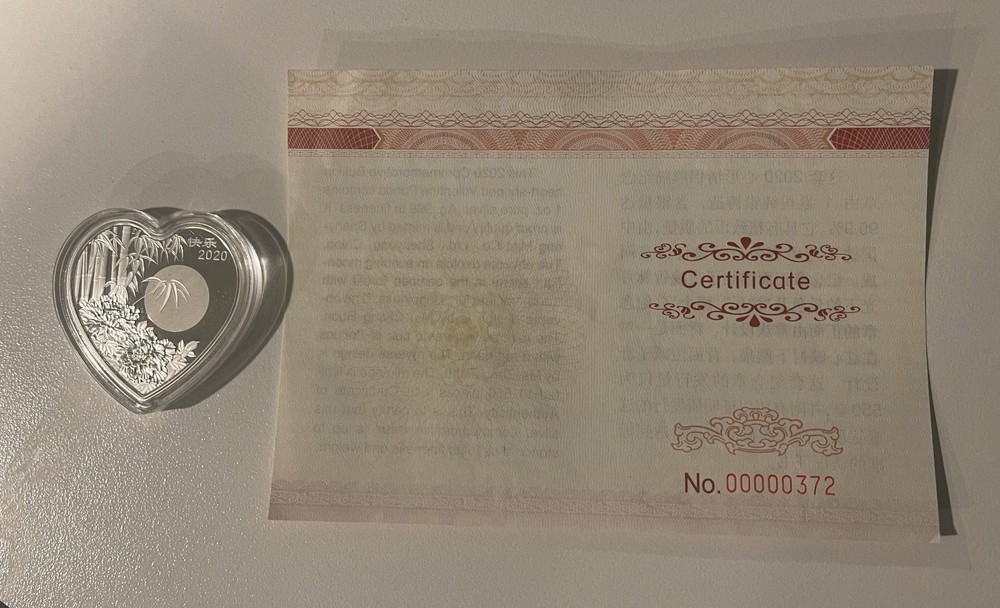 2020 Heart Shaped Silver China Panda w/Red Rose - Includes COA