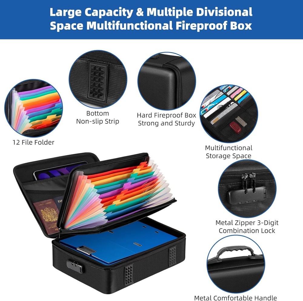 Fireproof Document Box with Lock Hard Case File Organizer Fire Safe Waterproof