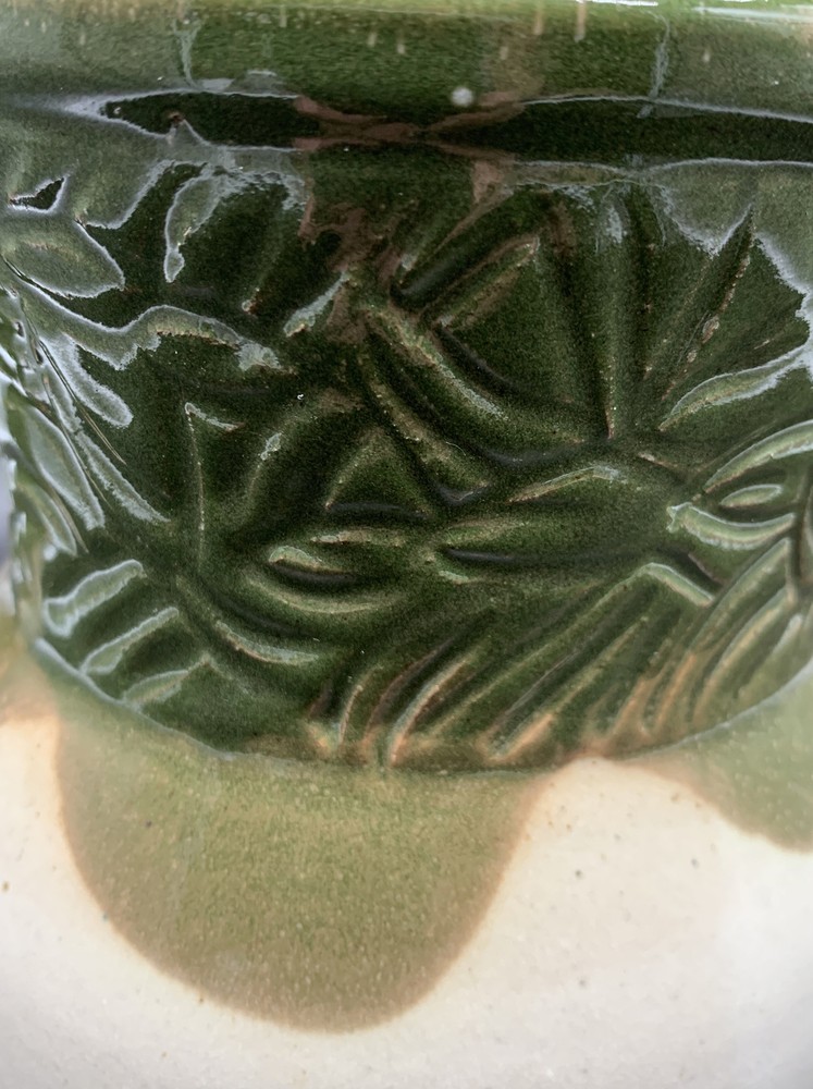 Studio Art Pottery Pitcher Ivory Green Glaze Leaves Signed