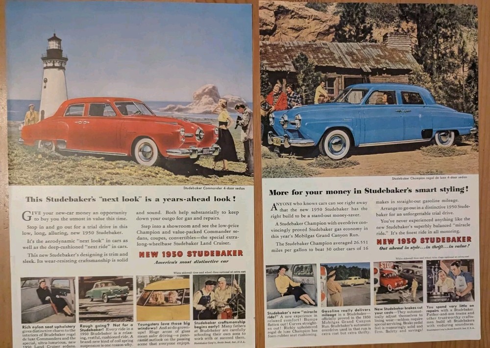Two Vintage 1950 Studebaker Magazine Advertisements Commander & Champion