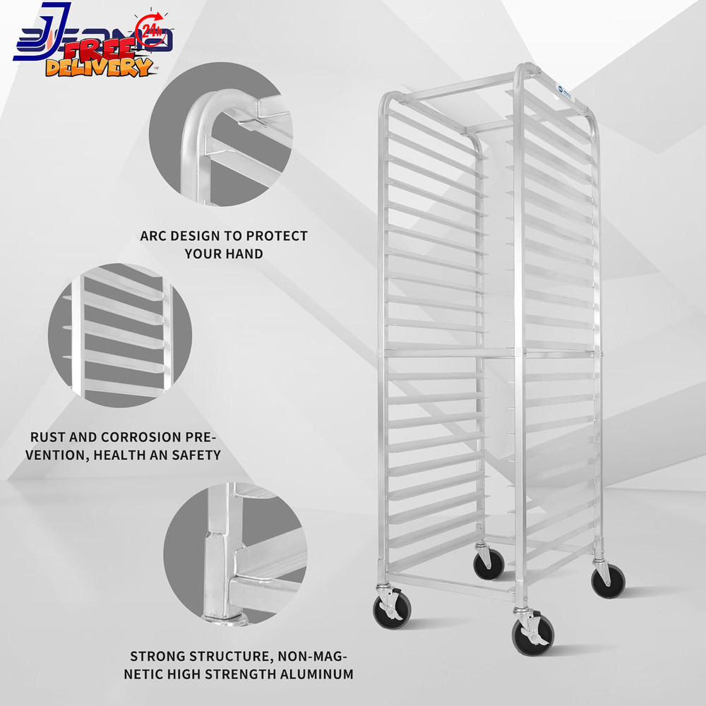 20-Tier Aluminum Bakers Rack with Wheels for Kitchen & Bakery Use
