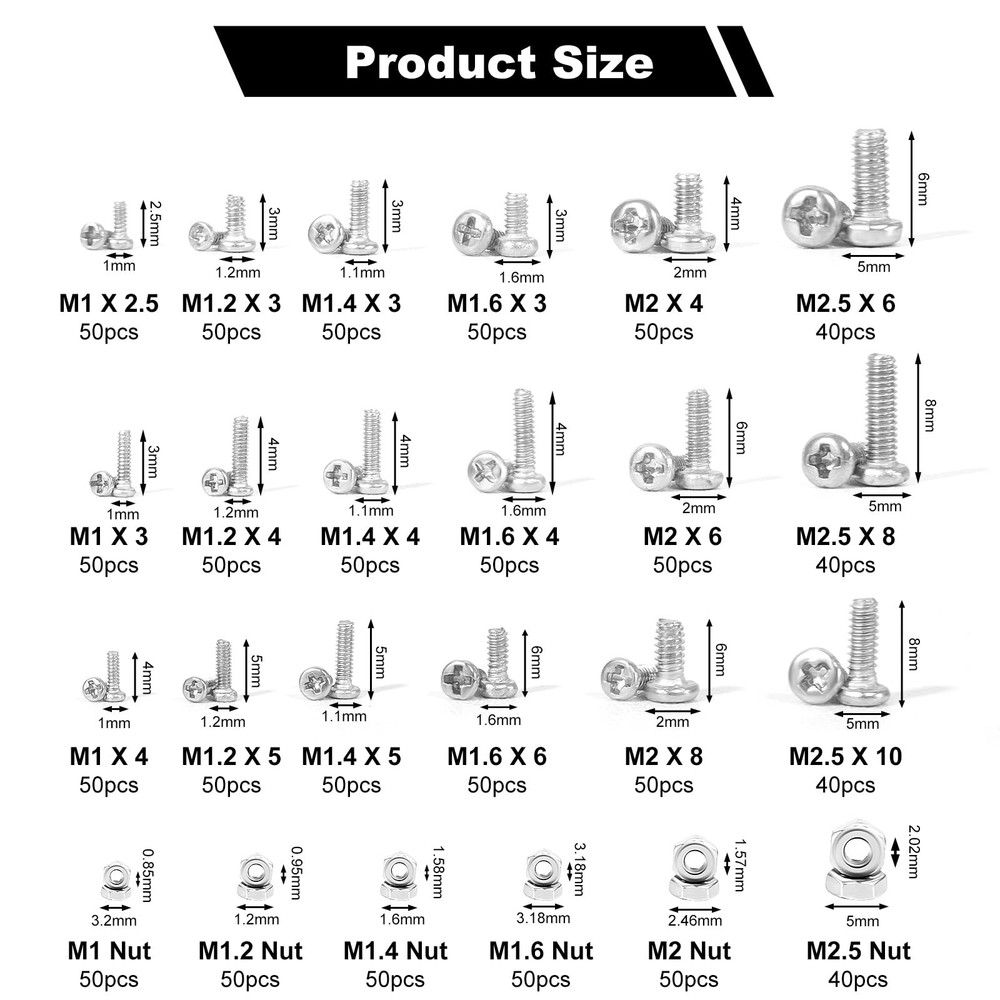 1200pcs Metric Tiny/Very Small/Micro Machine Screw Nuts Assortment Kit, 304 S...