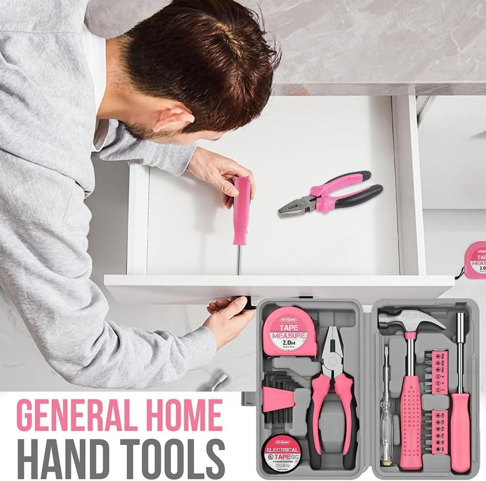 25PCS Pink Household DIY Tool Kit, Small Mini Tool Box Set of Starter Basic Tool