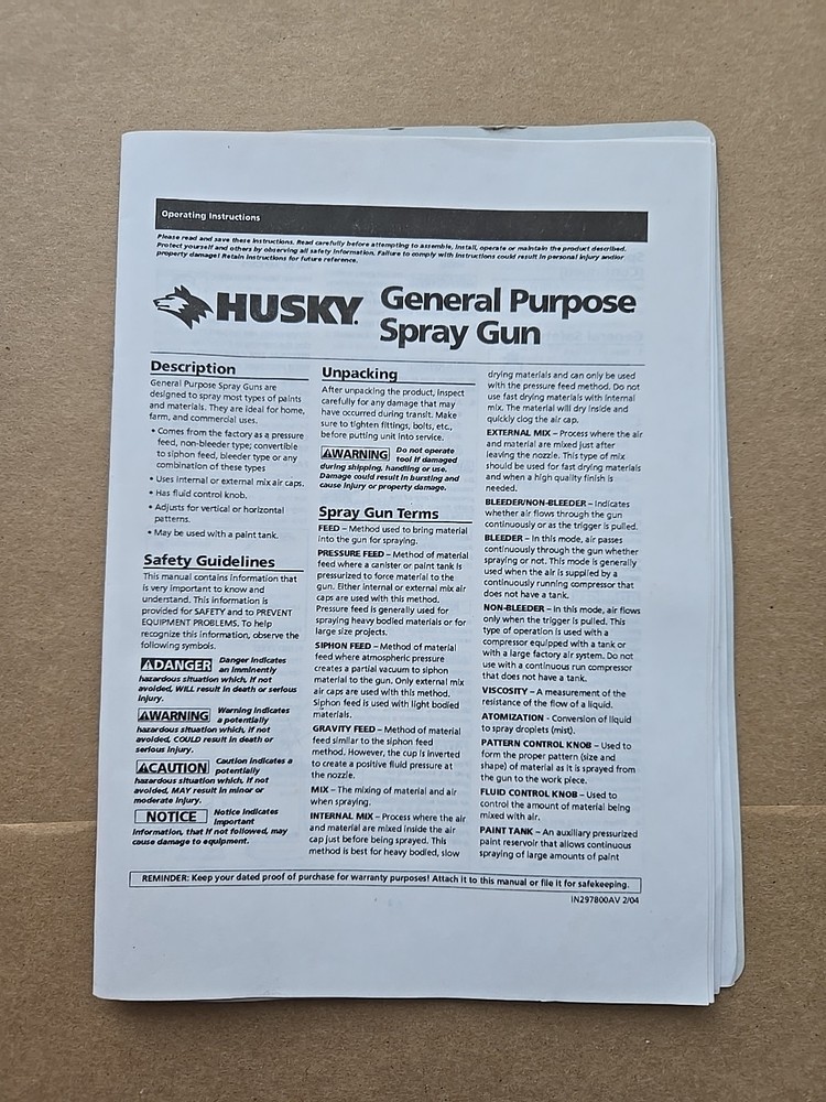 Husky General Purpose Spray Gun Model: XX420001AV