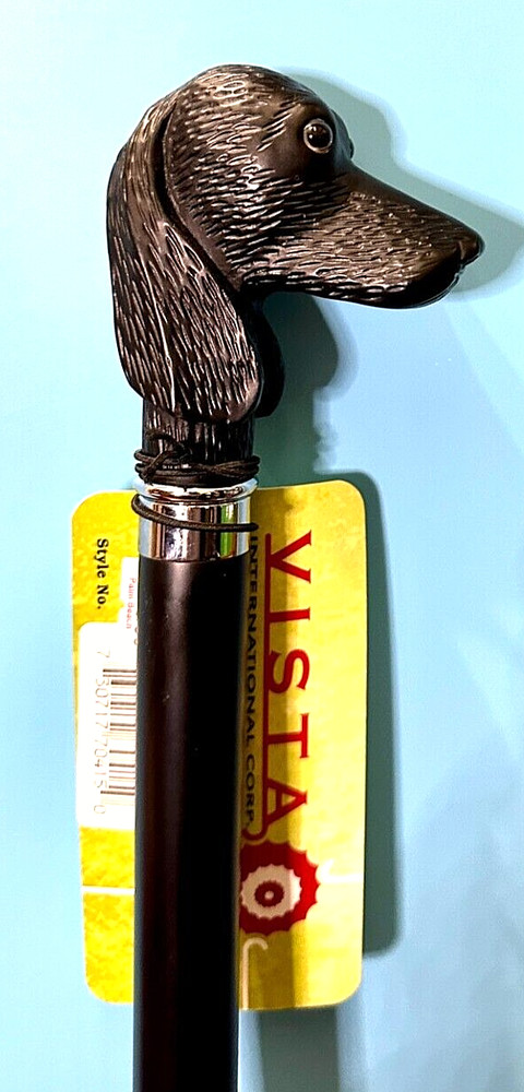 MODERN BLACK DOG HEAD HANDLE FLAT Bk NYLON W/SIL. PLATE ACCENT WALKING STICK 36"