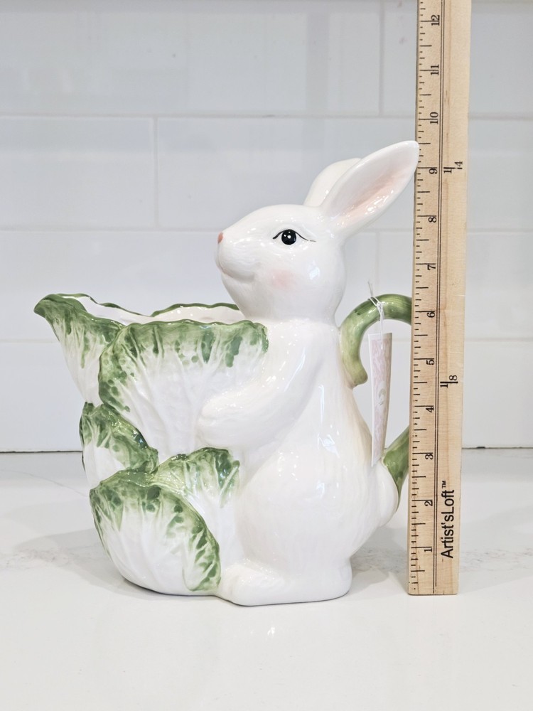 Hopper's Lane Easter Bunny Pitcher Cabbage Leaf Ceramic 9.5in