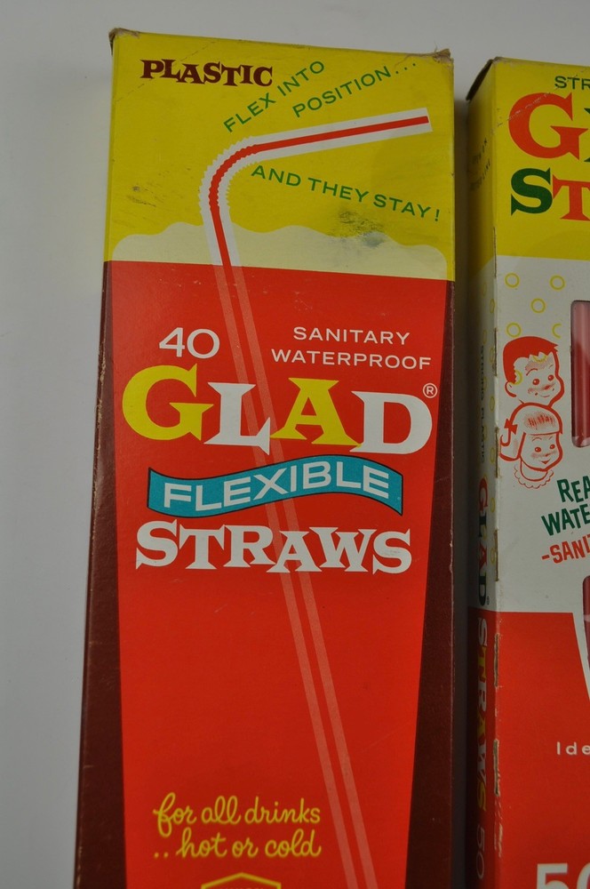 Vintage Glad Straws Made in USA Pre-Bar Code 2 Boxes Union Carbide PROP