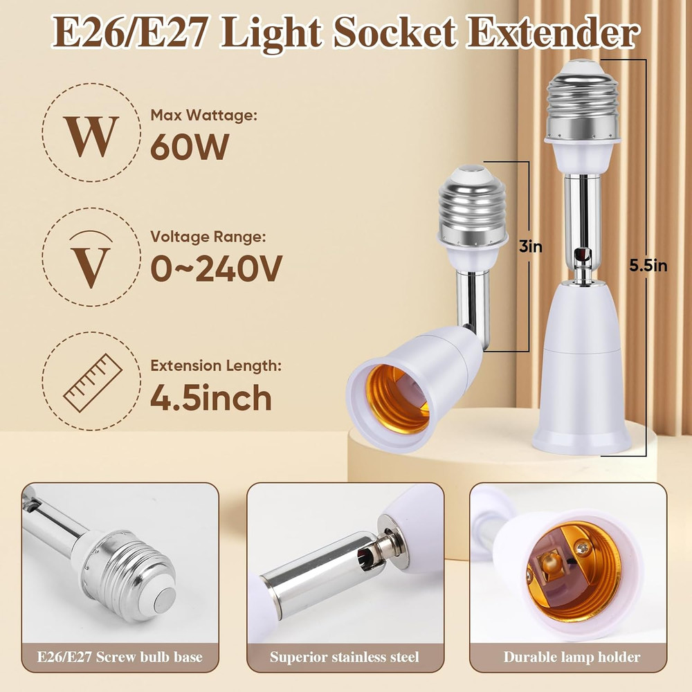3 Pack Light Socket Extender, E26/E27 4.5 Inch Light Socket Extension, Vertical