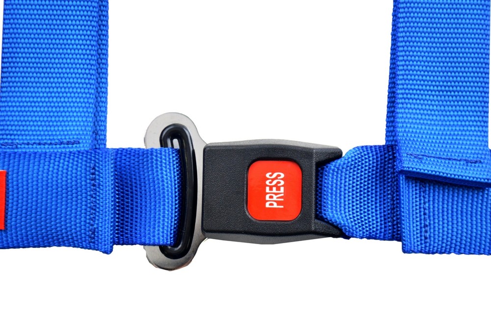 FOUR POINT SEAT BELT HARNESS, FLOOR MOUNT, PULL UP LAP BELTS, BOLT IN BLUE