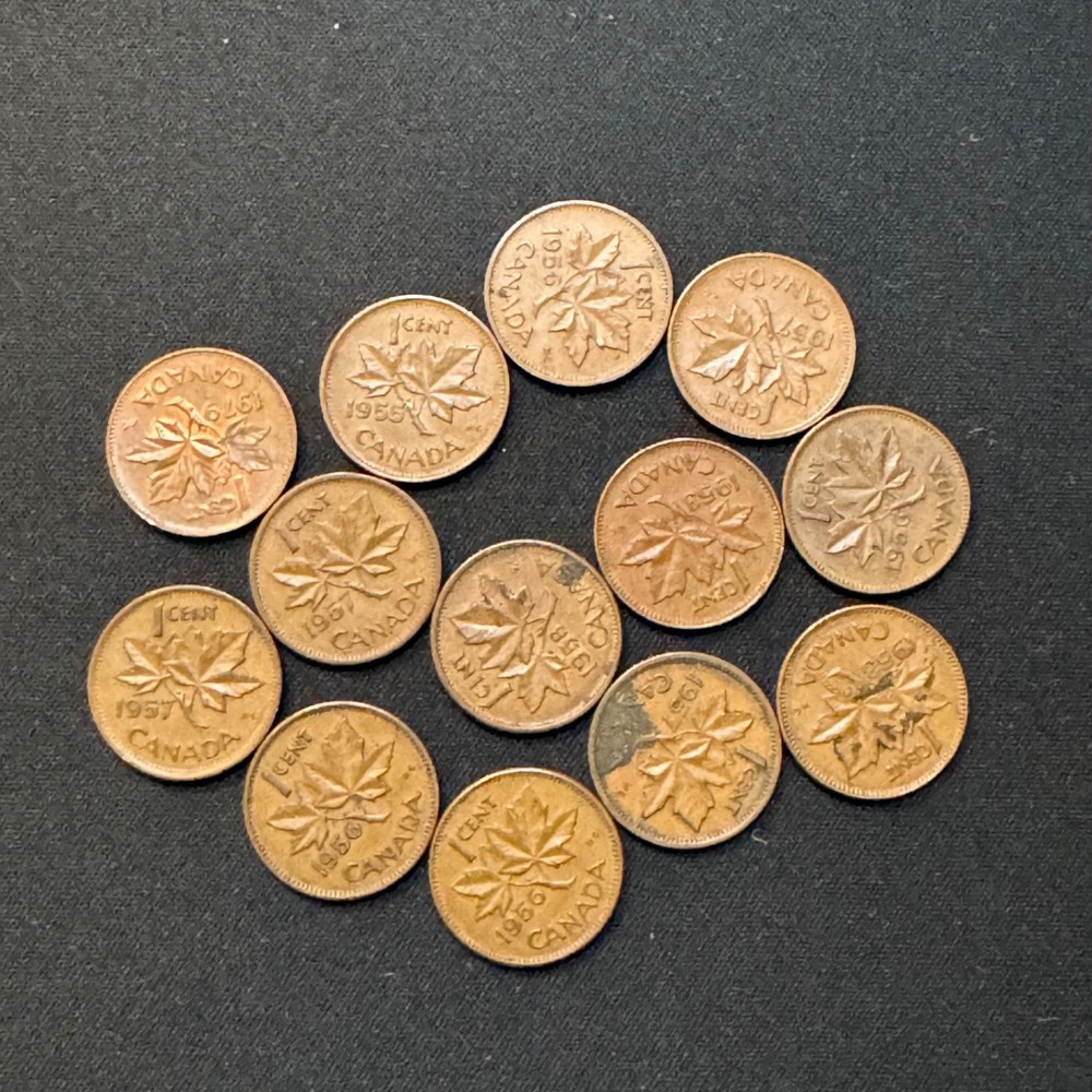 Bundle of 14 Canada 1 Cent coins. Mostly 1950's