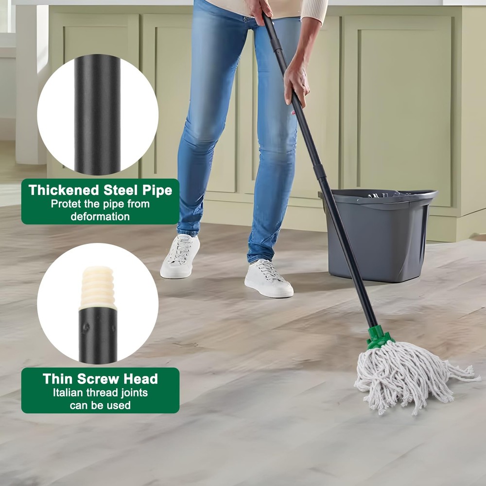 Cotton String Wet Mop 2 Heads Handle Floor Cleaning Replacement Refill Green