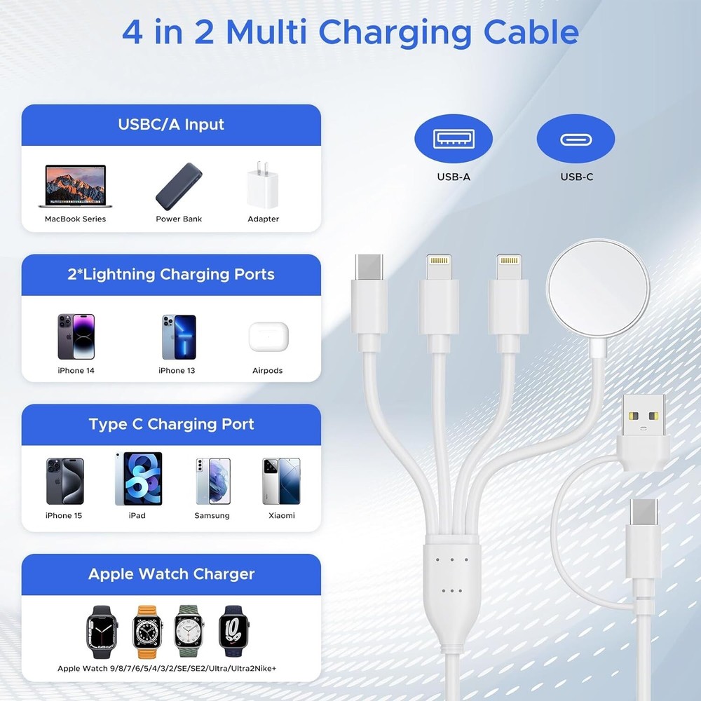 Universal Charging Cable Multi-Function iPhone USB Charger Cord 4 in 2 Fast -6ft