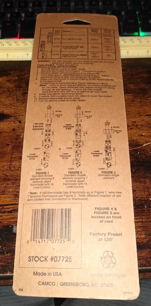 NEW Camco Water Heater Thermostat, Lower Single Pole T-STAT #07725 884104 USA