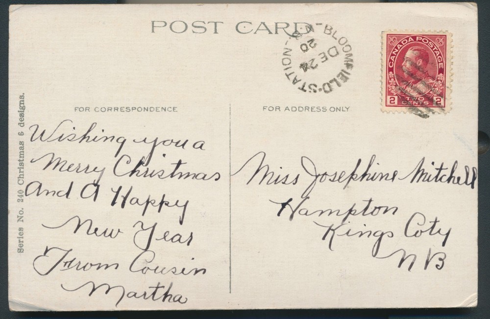 Bloomfield Station, NB - 1920 Split Ring Cancel on Postcard
