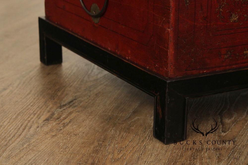 Red Lacquered Trunk With Brass Hardware On Custom Black Stand, Coffee Table