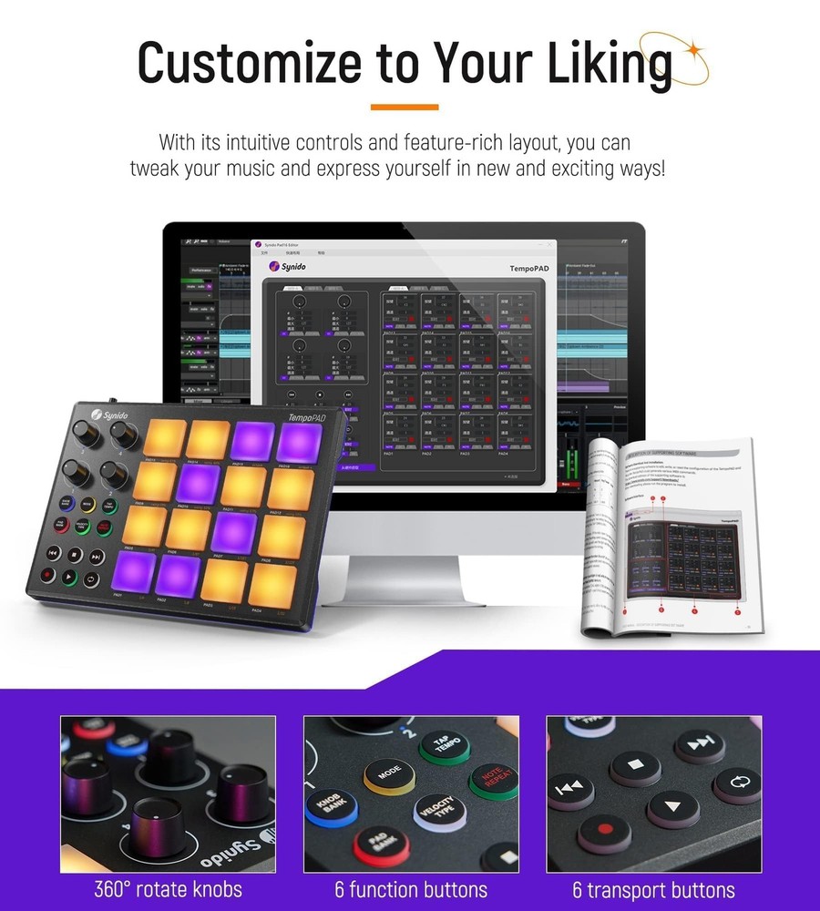 TempoPAD MIDI Drum Controller, 16 RGB Backlit Beat Pads, 4 Assignable Knobs, ...