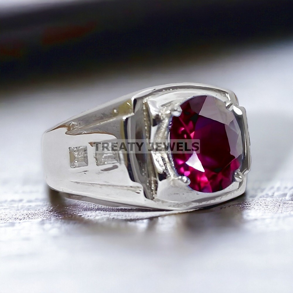 Ruby Oval Cut Gemstone With 14K Solid White Gold Ring For Men's #A35