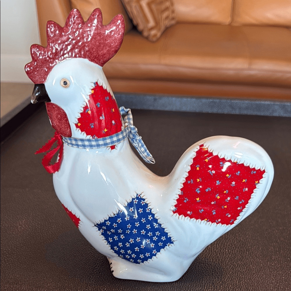 Patchwork Rooster Figurine - Red, Blue, and White Ceramic