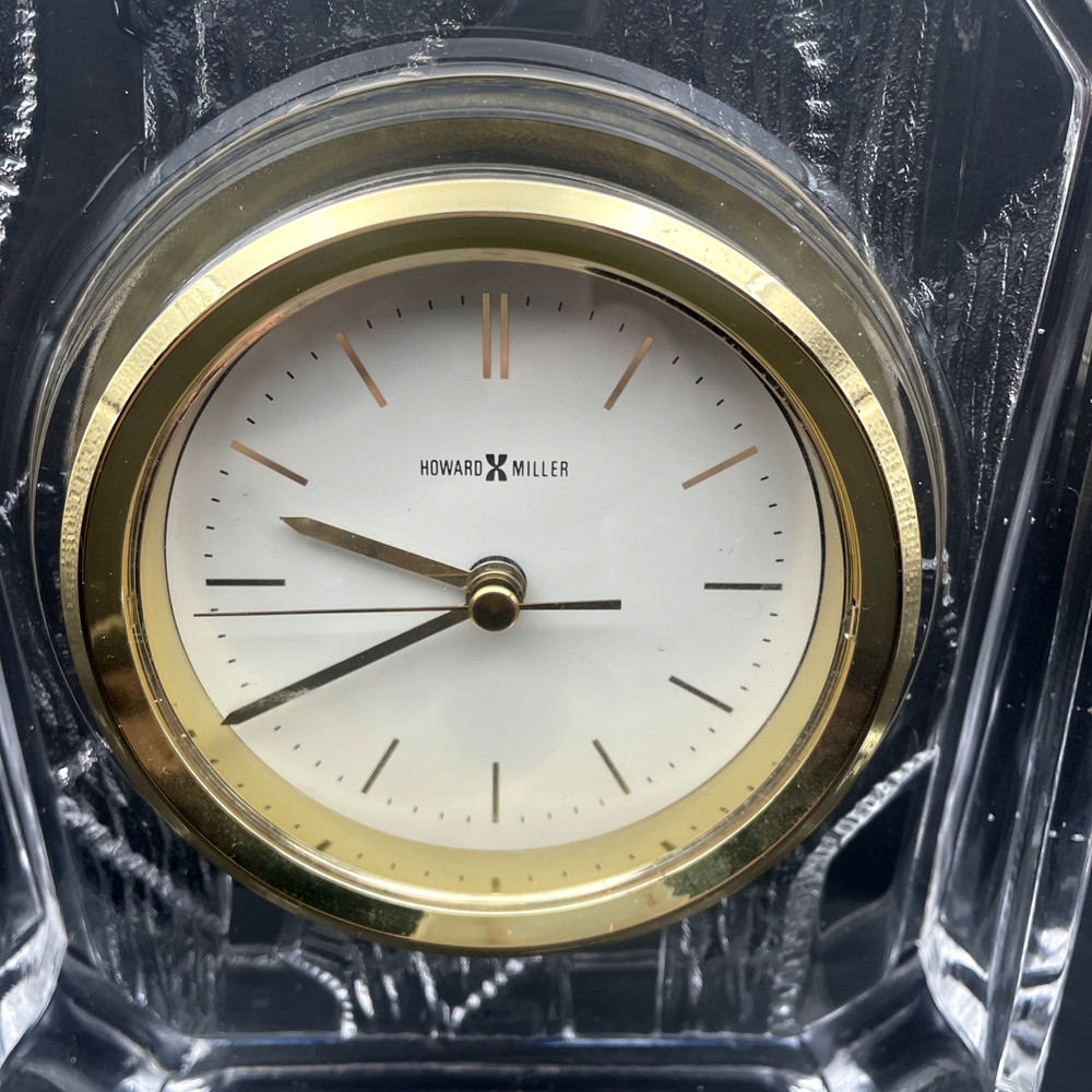 Howard Miller Clear Crystal Bamboo Desk Table Clock Gold Rim