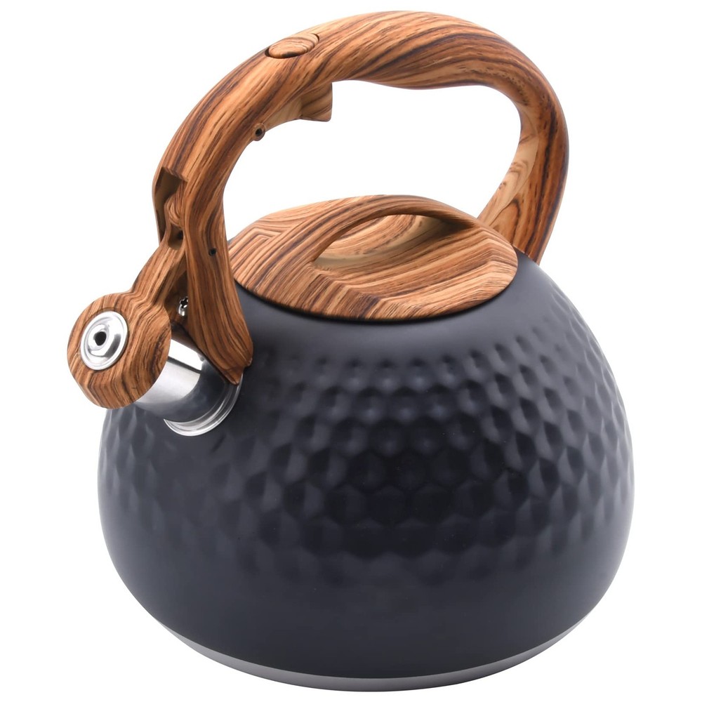 Tea Kettle 3.2 Qt Black Stainless Steel Whistling Wood Pattern Handle