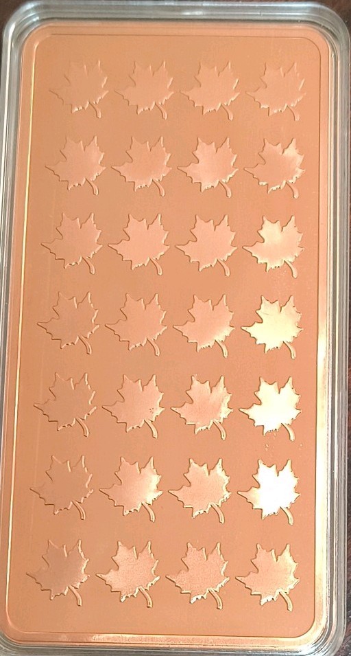10 Ounce .999 Fine Polished Copper Maple Leaf Bar Capsulated