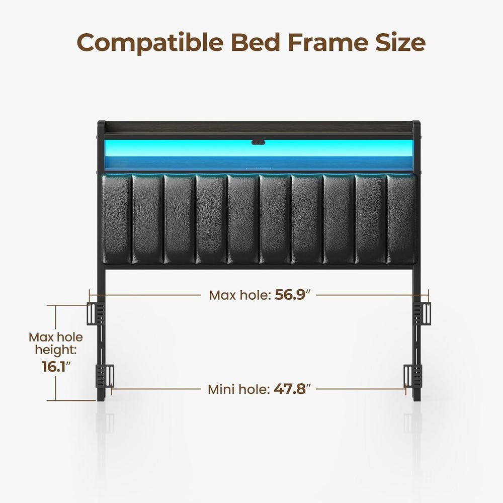 Contemporary Full Bed Headboard with LED Lights, USB Port & Storage Options-