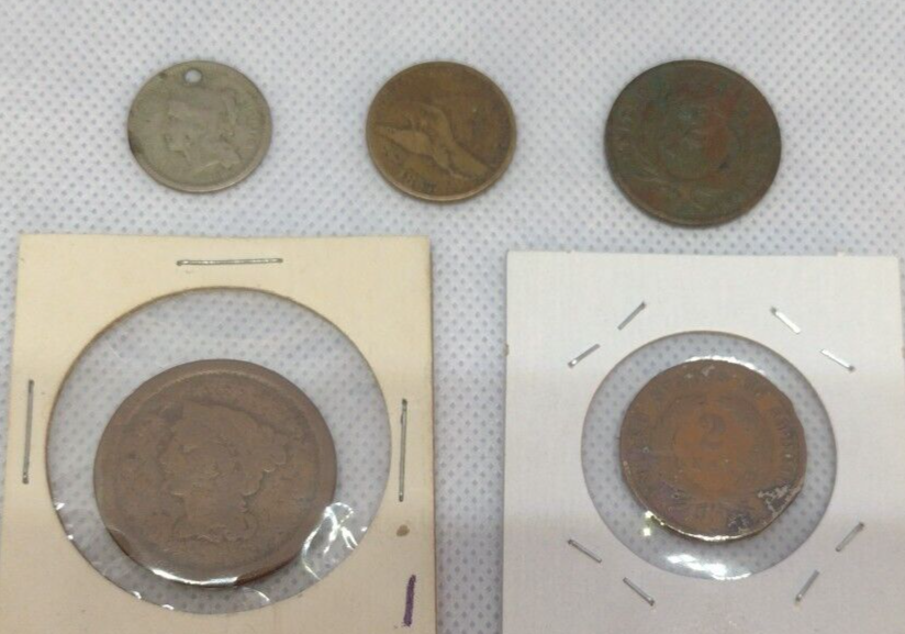 1865 & 1869 Two Cent, 1857 One Cent, 1866 Three Cent, No Date Lg Cent (B120)