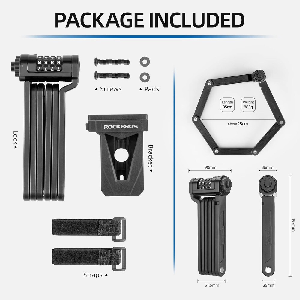 ROCKBROS Folding Bike Lock with Mount,Heavy Duty AntiTheft 4-Digit Foldable Lock