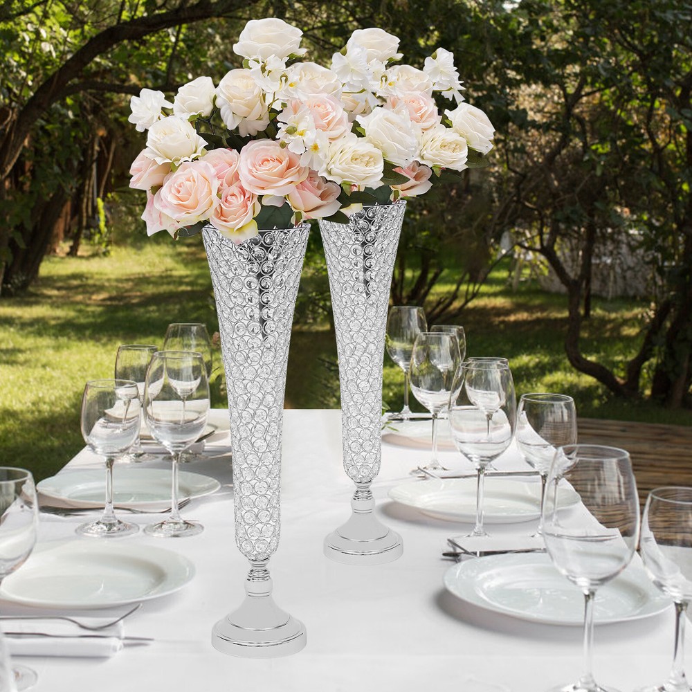 2 Pcs Silver Wedding Table Decor Crystal Vase European Wedding Props Stage Decor