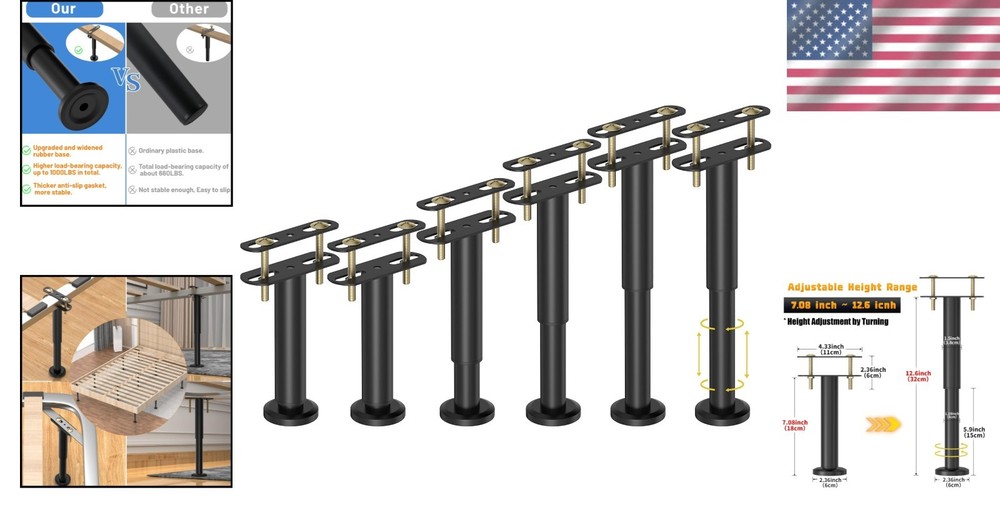 Adjustable Bed Support Legs 6 Pcs - Heavy Duty Metal