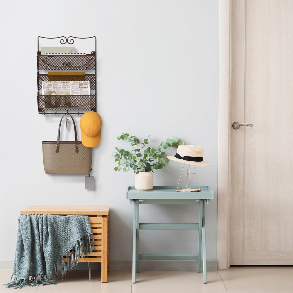 Wall Mail Organizer with 5 Key Holder, 3 Tier, Bronze