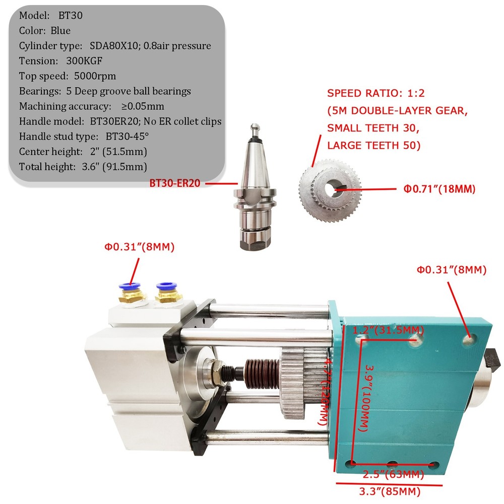 BT30 Non-powered Spindle Cylinder Pneumatic Semi-auto Tool Changing Spindle