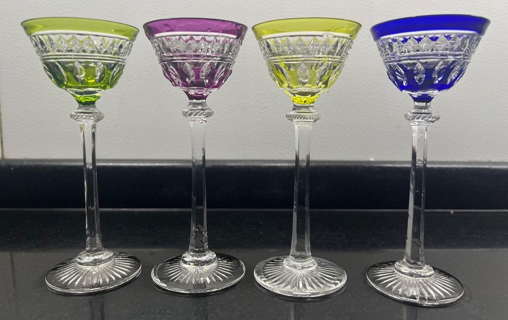 Rare Multi Colored Set Crystal Cut Cordial glasses 4 pieces.