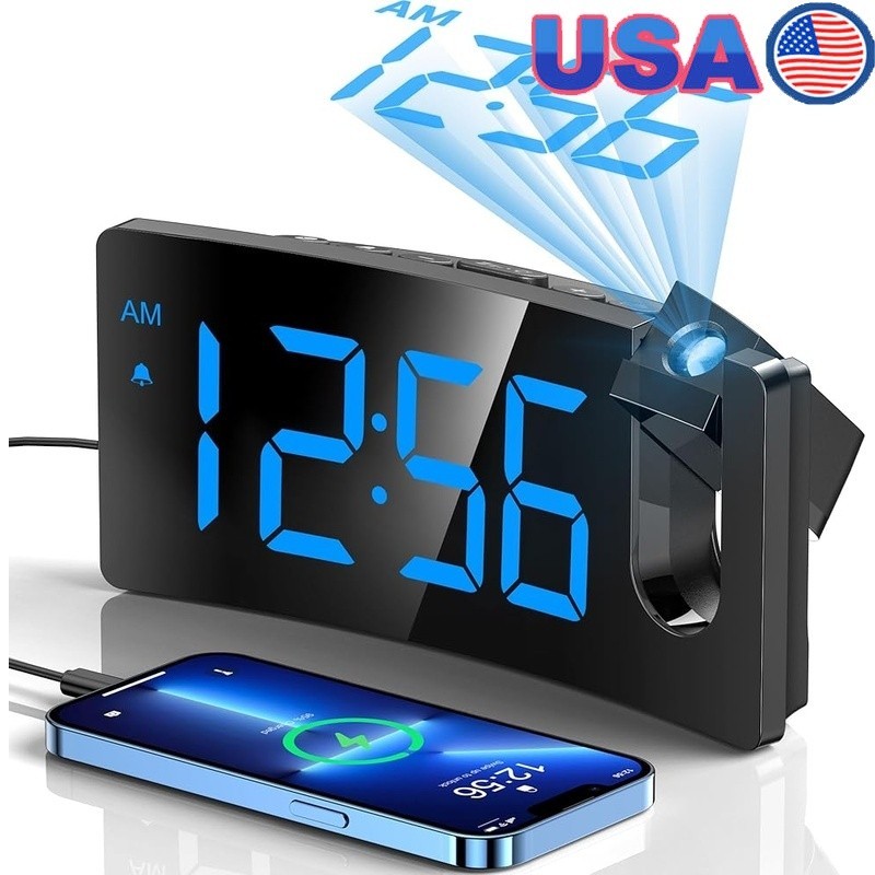 Projection Alarm Clock 180° Rotatable Projector USB Charging Snooze Function