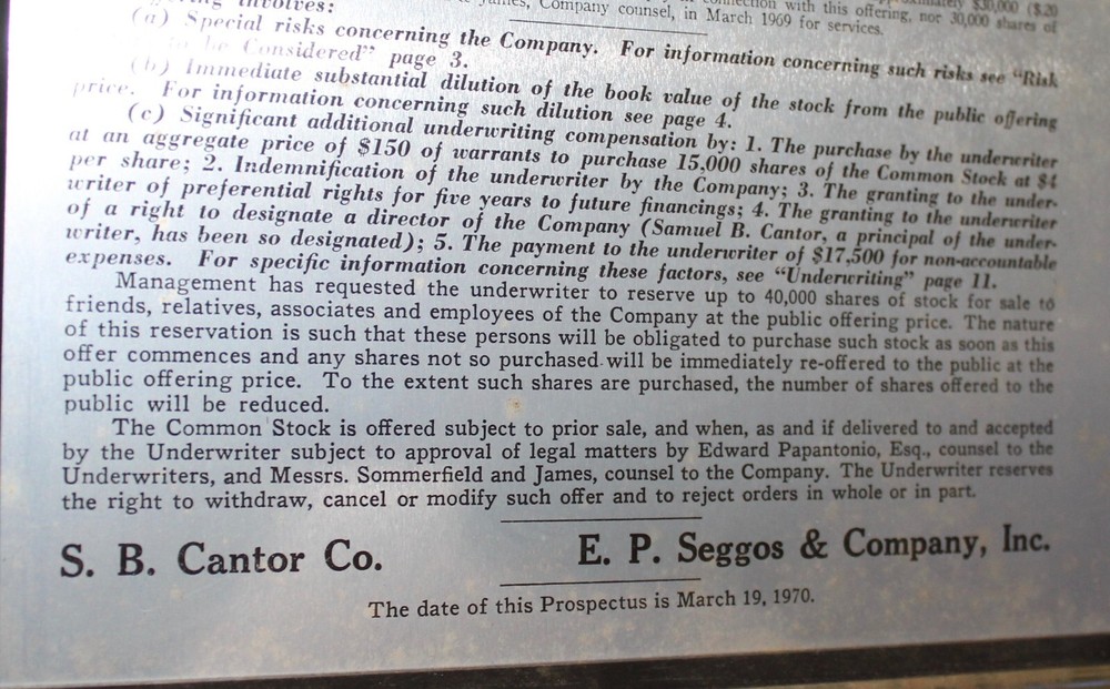 1970 EARLY COMPUTER HISTORY CUSTOM COMPUTER SYSTEMS, INC PROSPECTUS PLAQUE