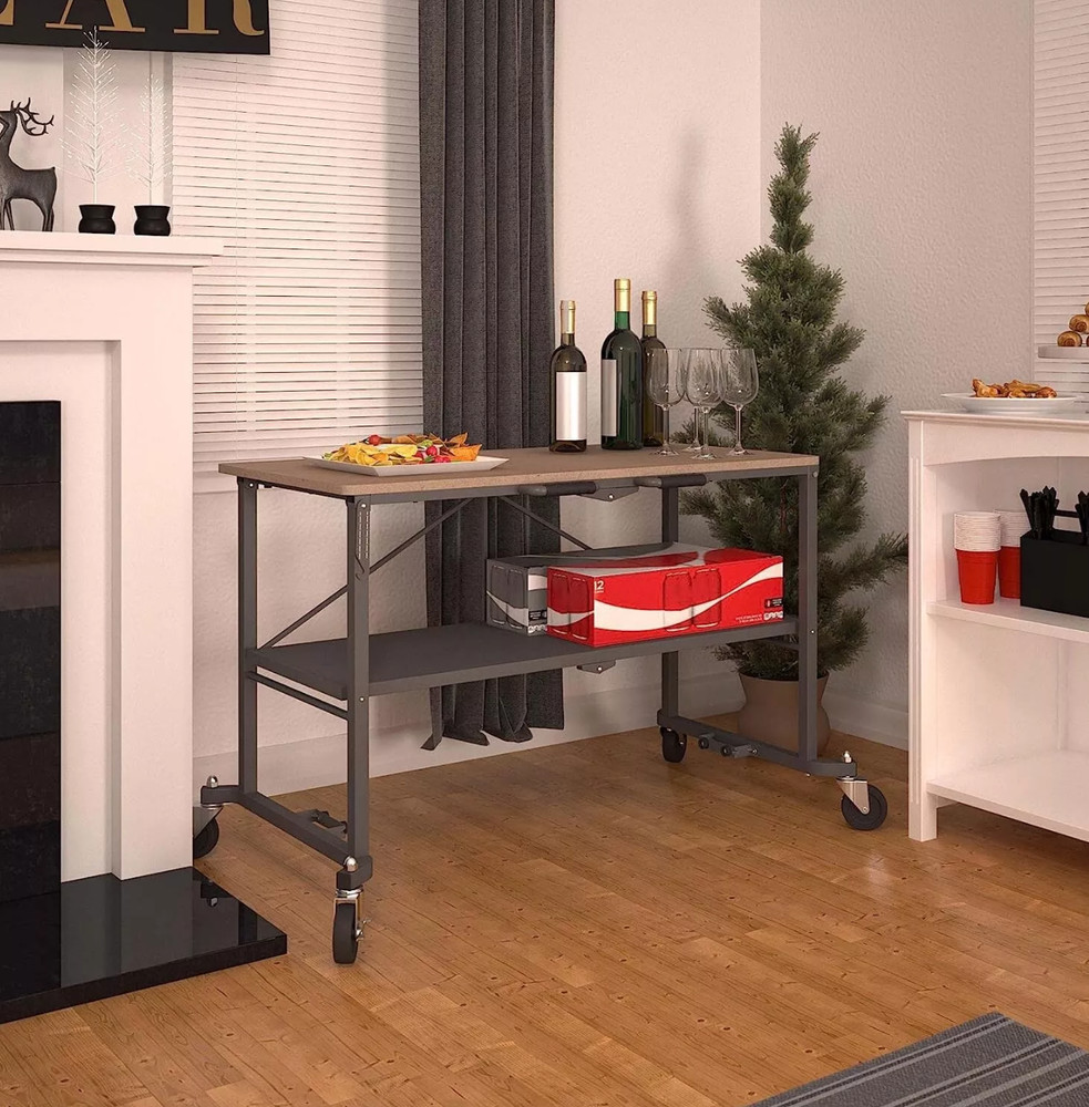 Folding Workbench Work Table w/ Wheels Bottom Shelf Storage for Workshop Garage