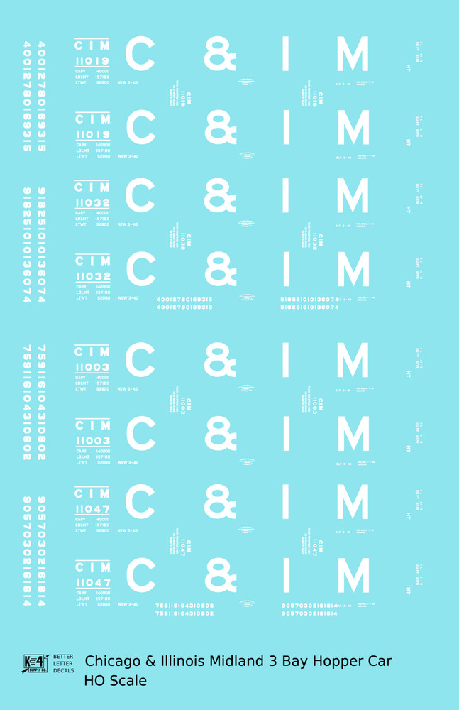 K4 HO Scale Decals Chicago and Illinois Midland Triple Hopper White C&IM