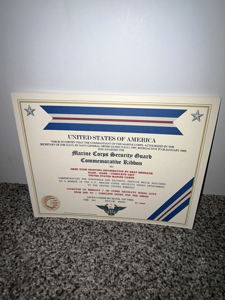 MARINE CORPS SECURITY GUARD RIBBON COMMEMORATIVE CERTIFICATE ~ W/PRINTING TYPE-1