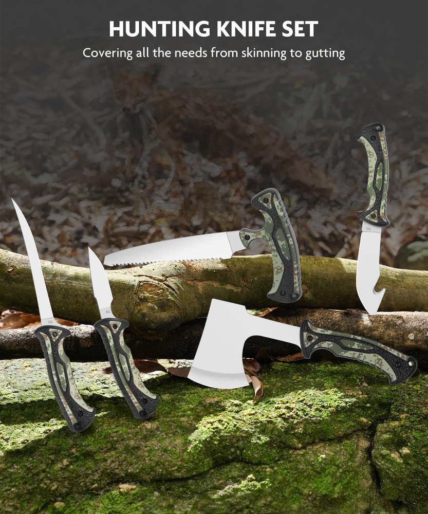 Jellas 7-Pc Hunting Field Processing Set with Axe, Bone Saw, & Sharpener