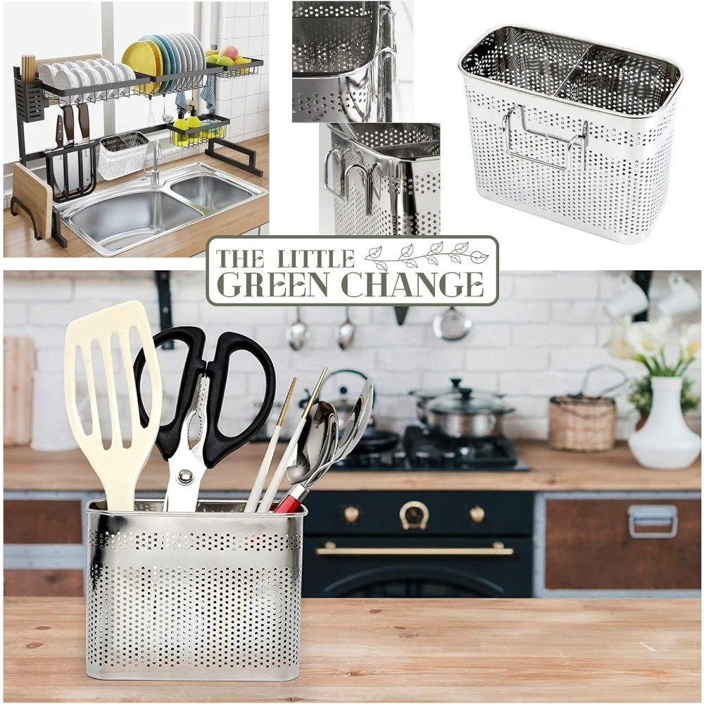 Kitchen Utensils Chopsticks Holder Drying Rack Basket with Hooks 2 Divided