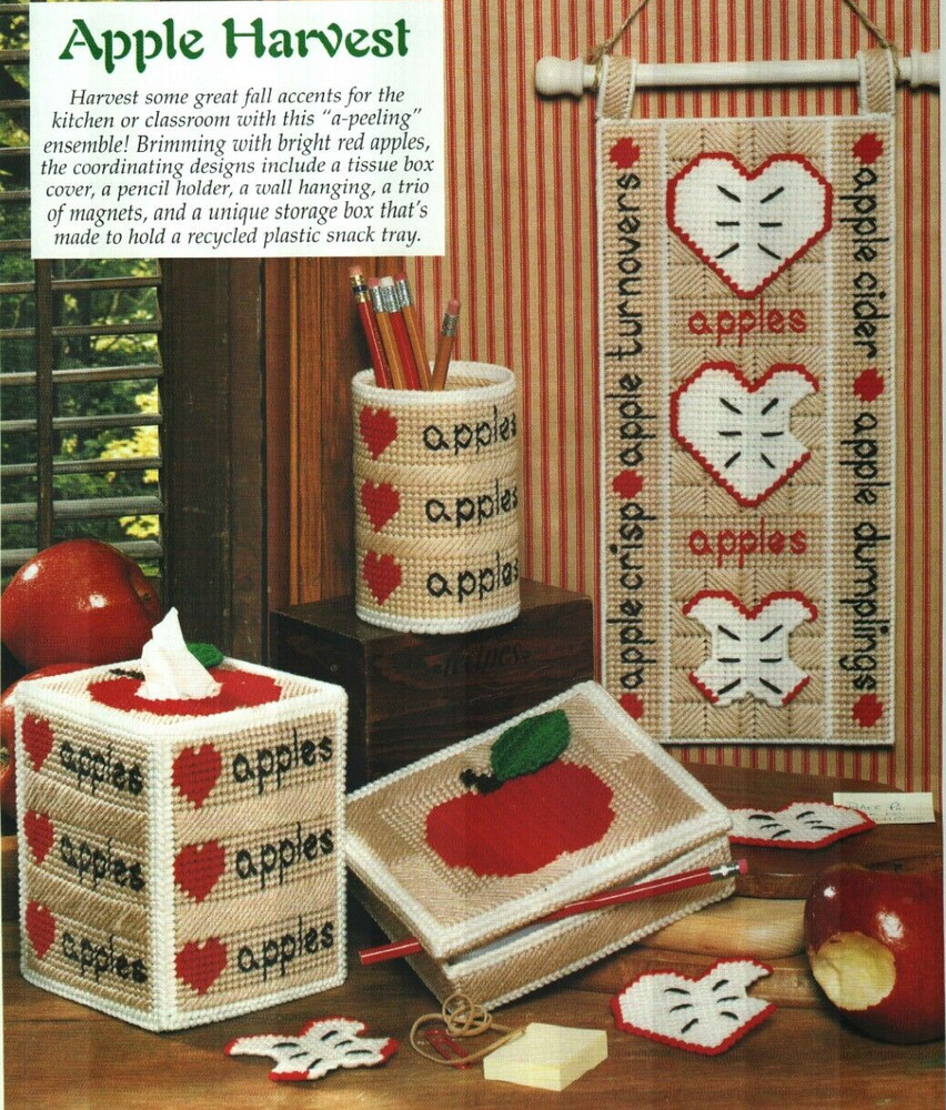 APPLE HARVEST TISSUE COVER MAGNET HOME DECOR PLASTIC CANVAS PATTERN INSTRUCTIONS