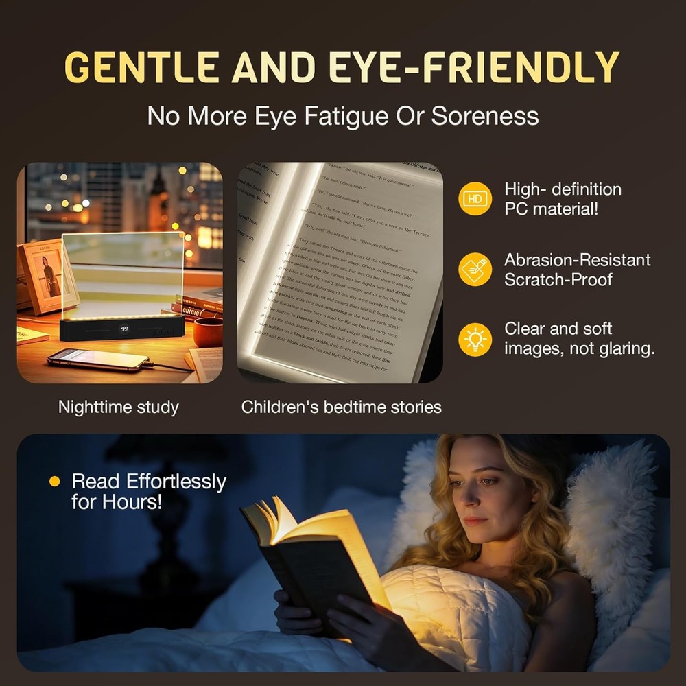 Book Light, Rechargeable Led Reading Light for Book, Clear LED Flat Book Lights