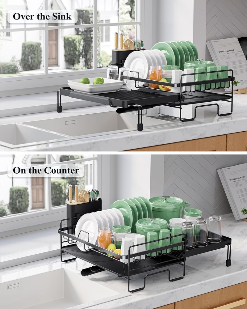 Extendable Dish Drying Rack Adjustable Length 12.8"–21.0" Auto-Draining Dish