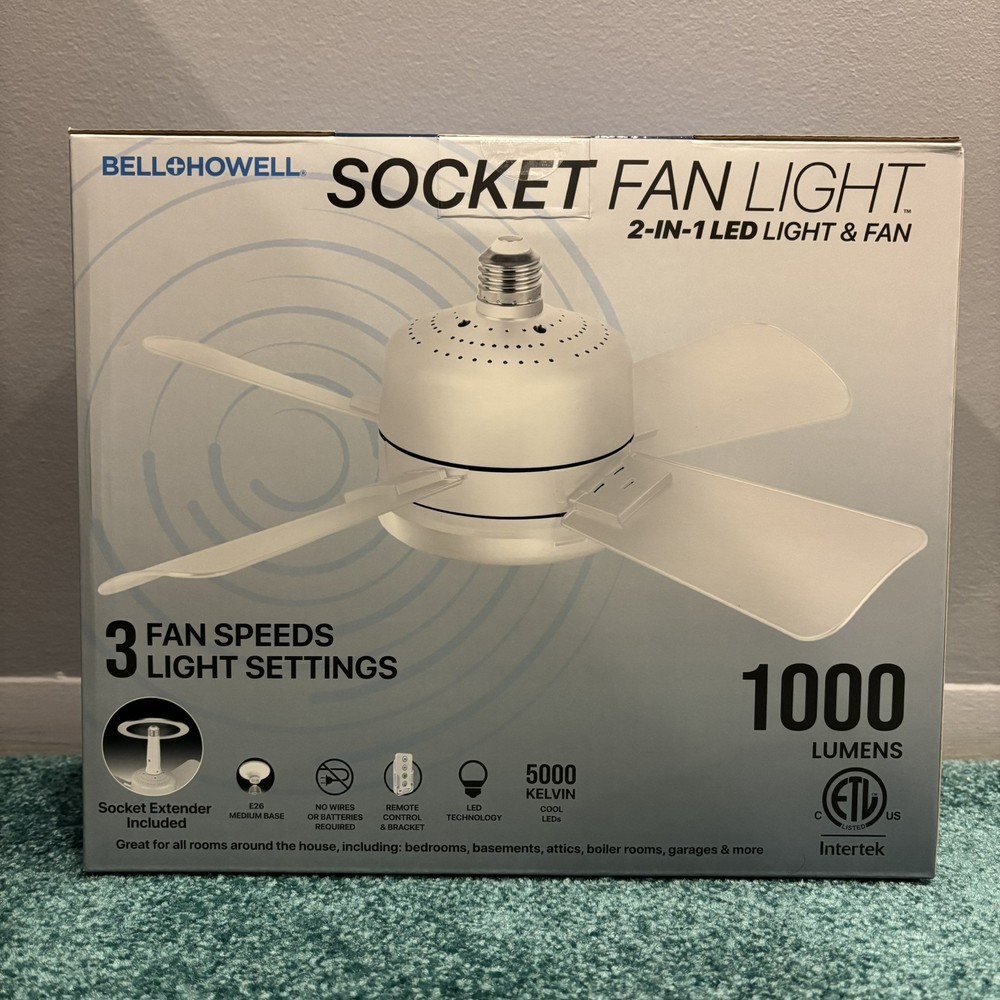Bell + Howell Socket Fan Ceiling Light with Remote Control, 1000 Lumens Light
